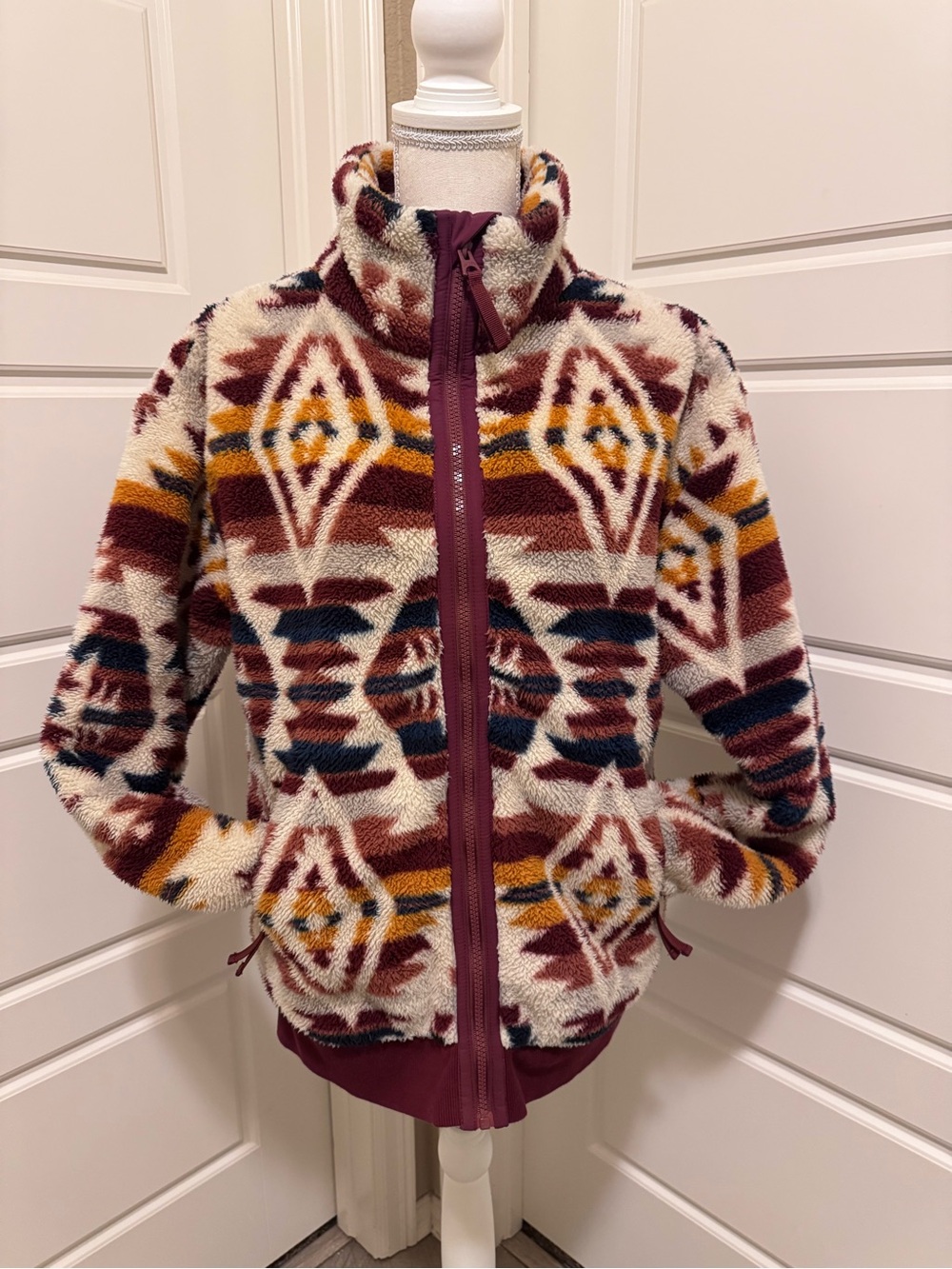 Faherty Cream, Burgundy & Mustard Aztec Fleece Jacket